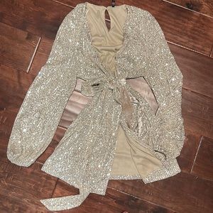 Champagne sequin party dress. Very flattering!